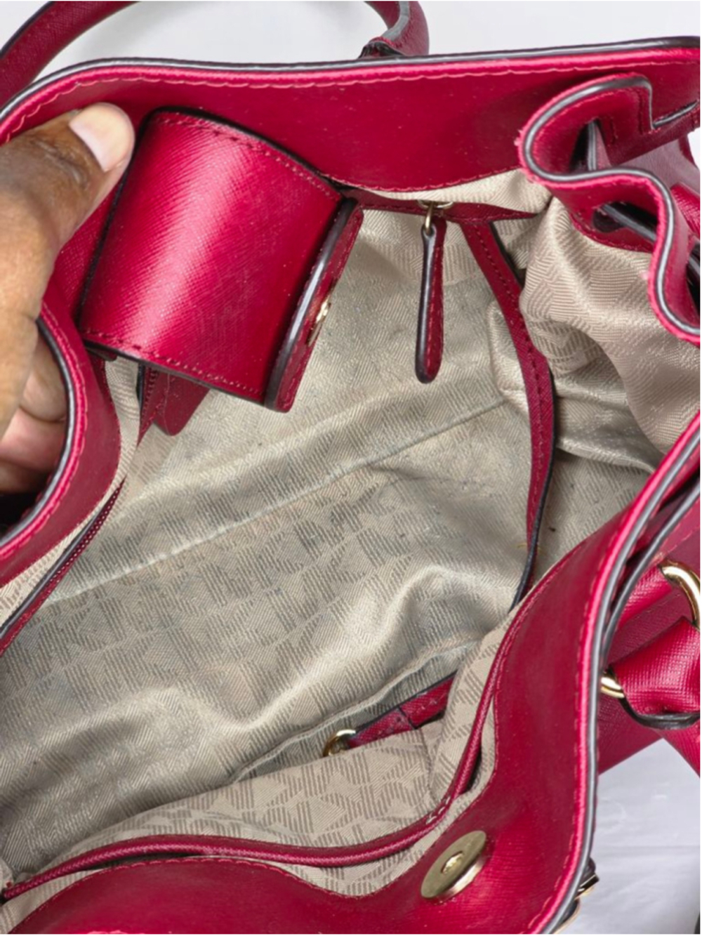 Michael Kors Red Saffiano Leather Satchel Crossbody Bag Gold Lock Charm - Picture 13 of 13